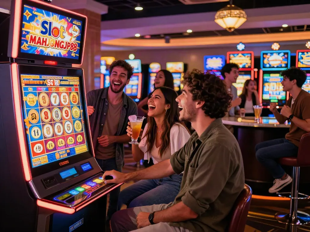 Friends enjoying the excitement of Slot MAHJONGJP88 in a lively casino.