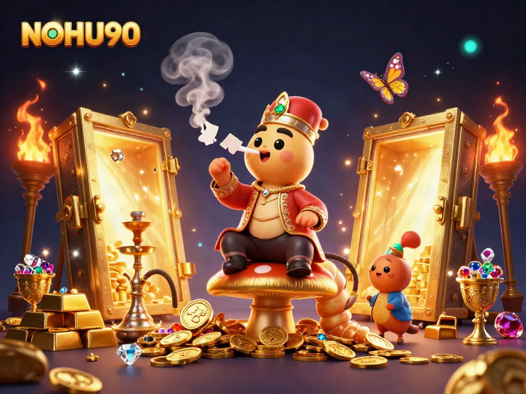 Experience immersive gaming excitement with NOHU90's vibrant casino scene illustration, featuring enchanting characters and treasures.