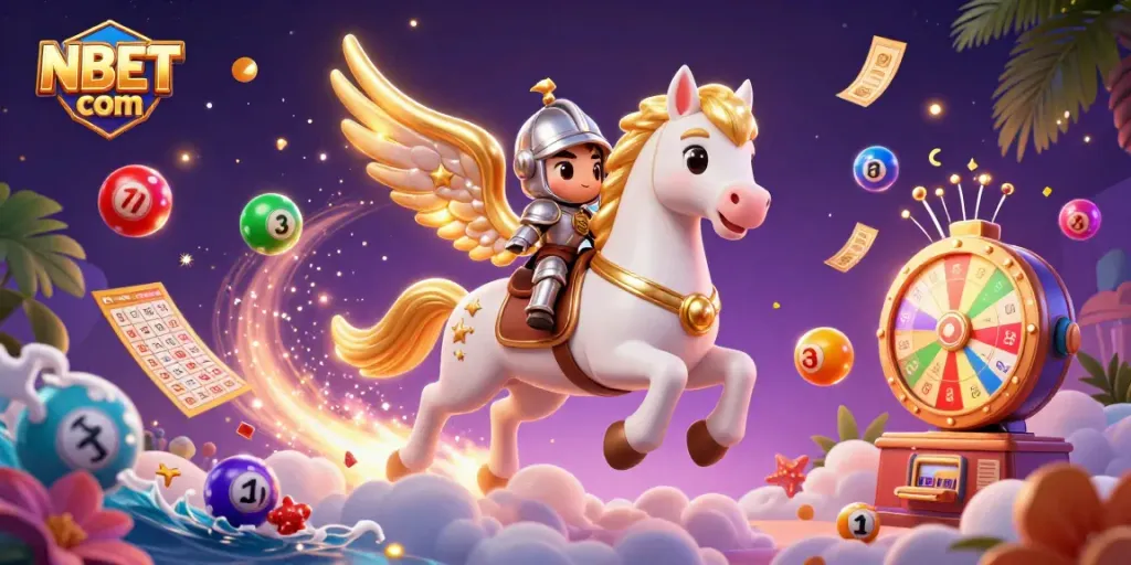 Engage with NBET com in a vibrant 3D casino scene featuring lottery elements and a magical atmosphere.