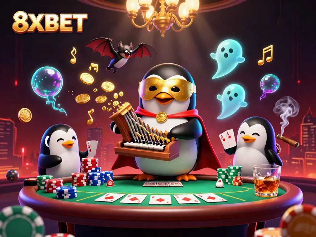 Engage in fun casino play with 8XBET, featuring a vibrant scene of a penguin and bat in an exciting poker setting.
