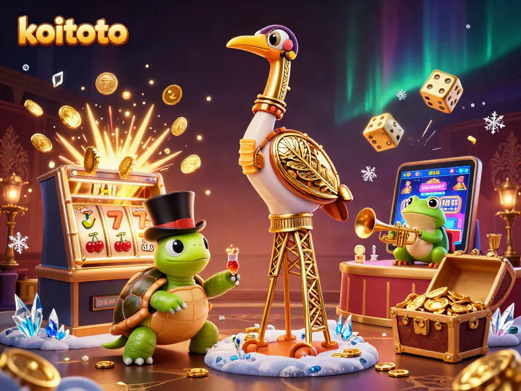 Koitoto captures the excitement of winning with vibrant slot symbols and lively characters at a casino.