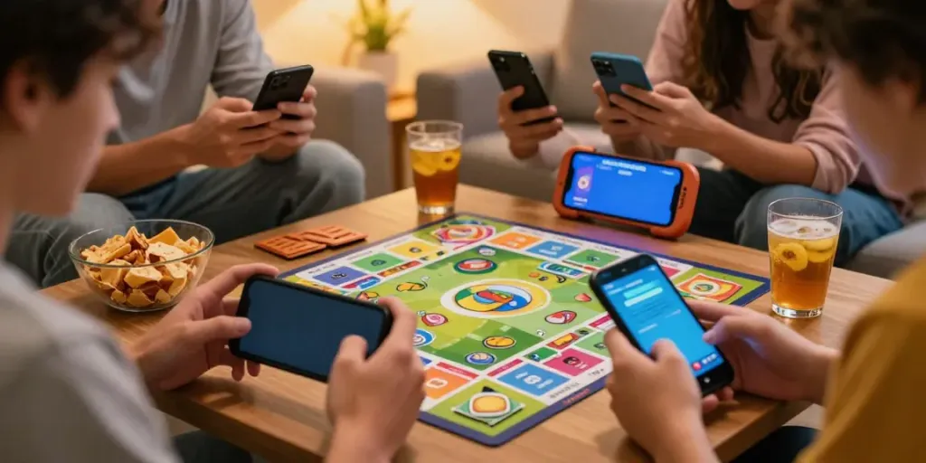 Engaged player enjoying Rumble Rummy on mobile, surrounded by friends.