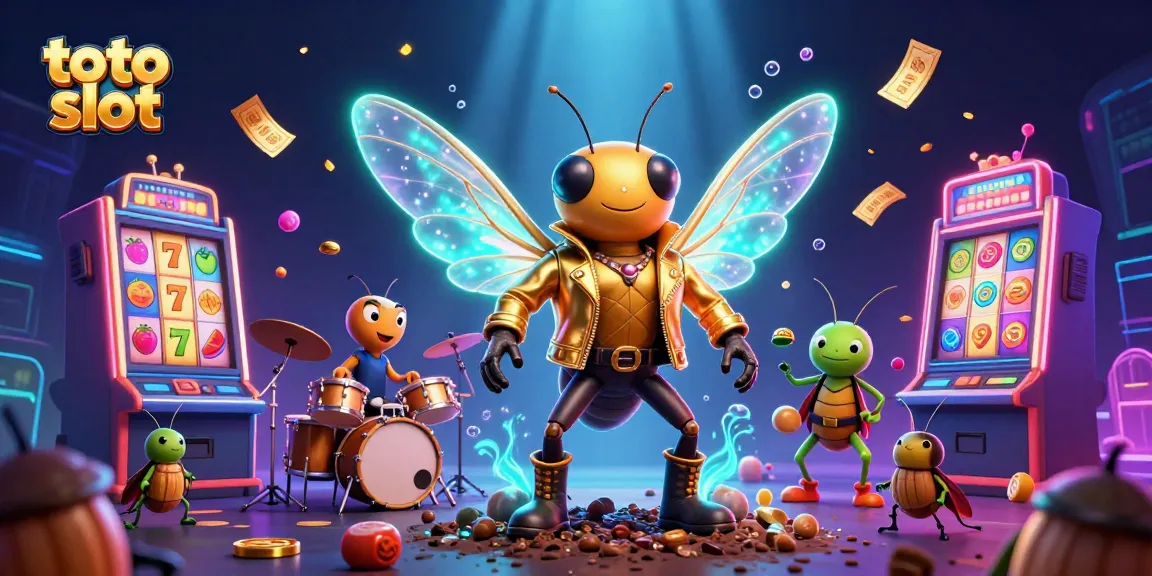 Engage with toto slot gameplay featuring a rock star cicada, vibrant slot reels, and an energetic band.