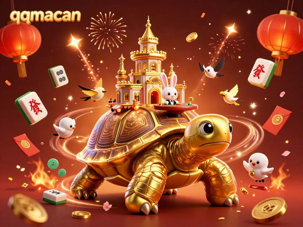Experience the vibrant scene with qqmacan, featuring a golden tortoise casino and joyful characters celebrating with riches.