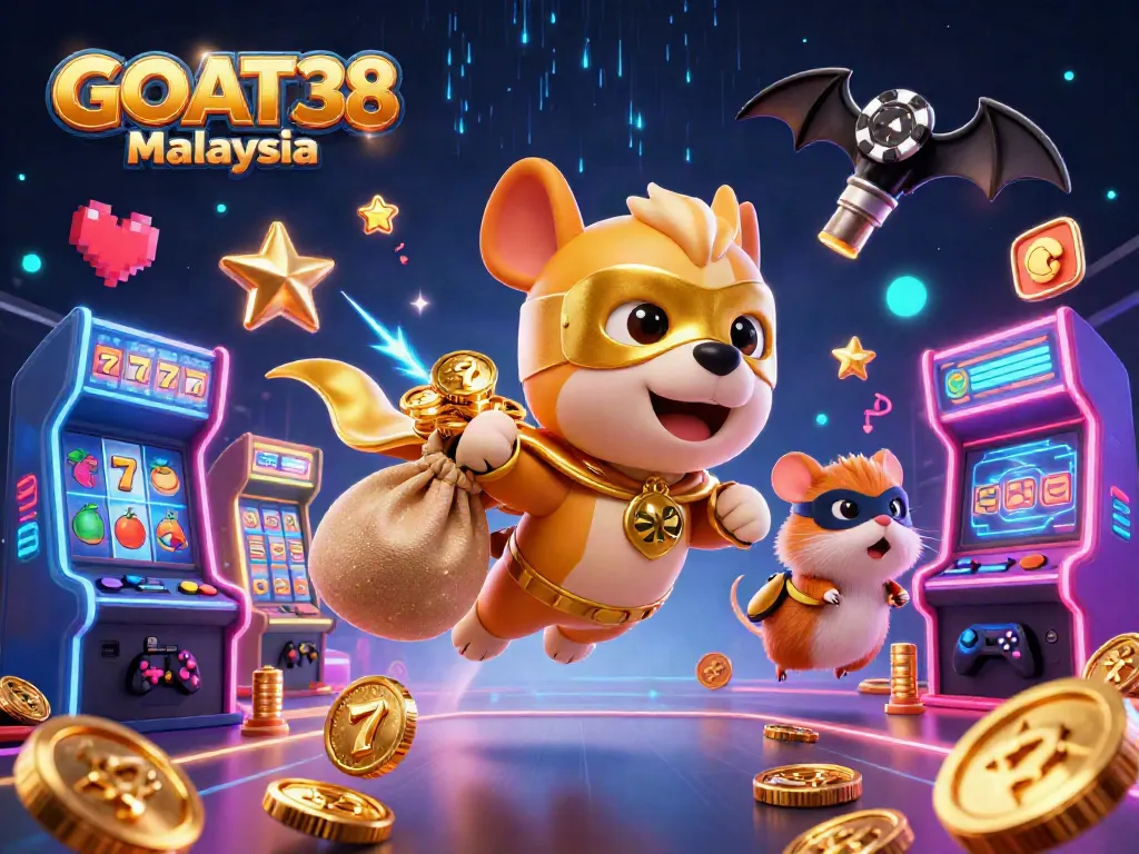 Engaging illustration showcasing GOAT38 Malaysia with a superhero dog, rich slot game elements, and vibrant casino atmosphere.