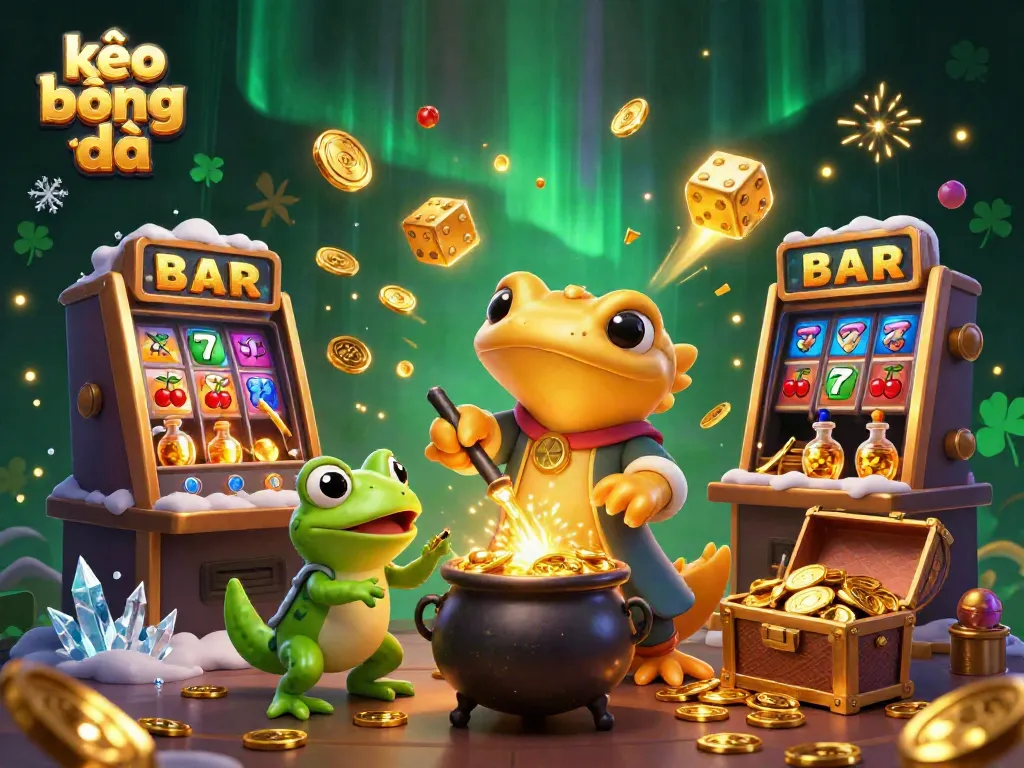 Engage with kèo bóng đá action in a vibrant 3D scene filled with magical coins, alchemists, and casino excitement.
