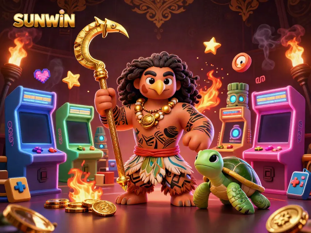 SUNWIN vividly illustrates the excitement of online gaming with a Polynesian demigod and arcade elements.
