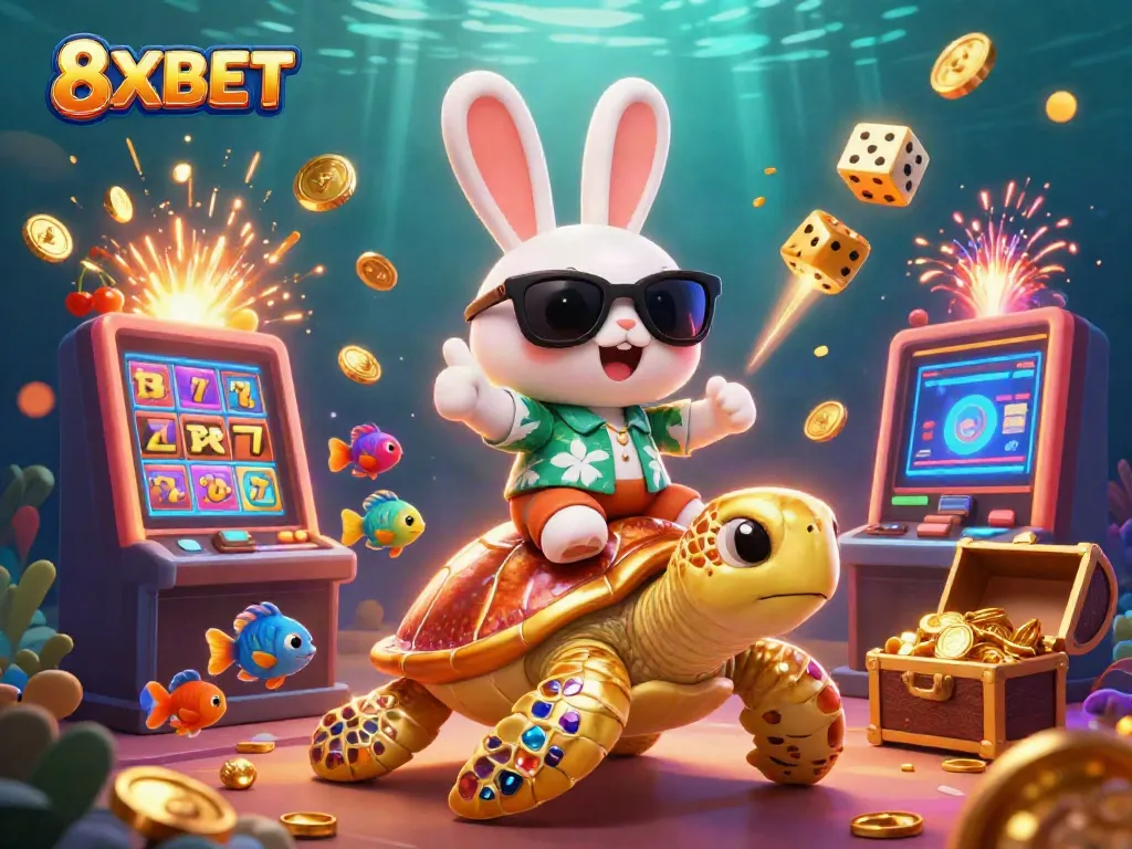 Engage in the fun of 8XBET with a lucky rabbit and a golden turtle amid a vibrant casino explosion.
