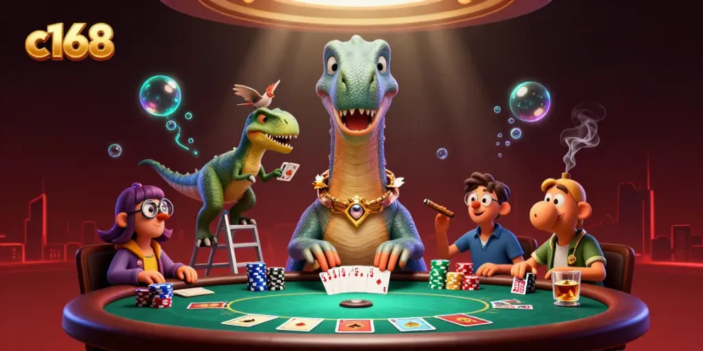 Engage in thrilling c168 poker action with a playful scene of a brontosaurus and clever raptor.
