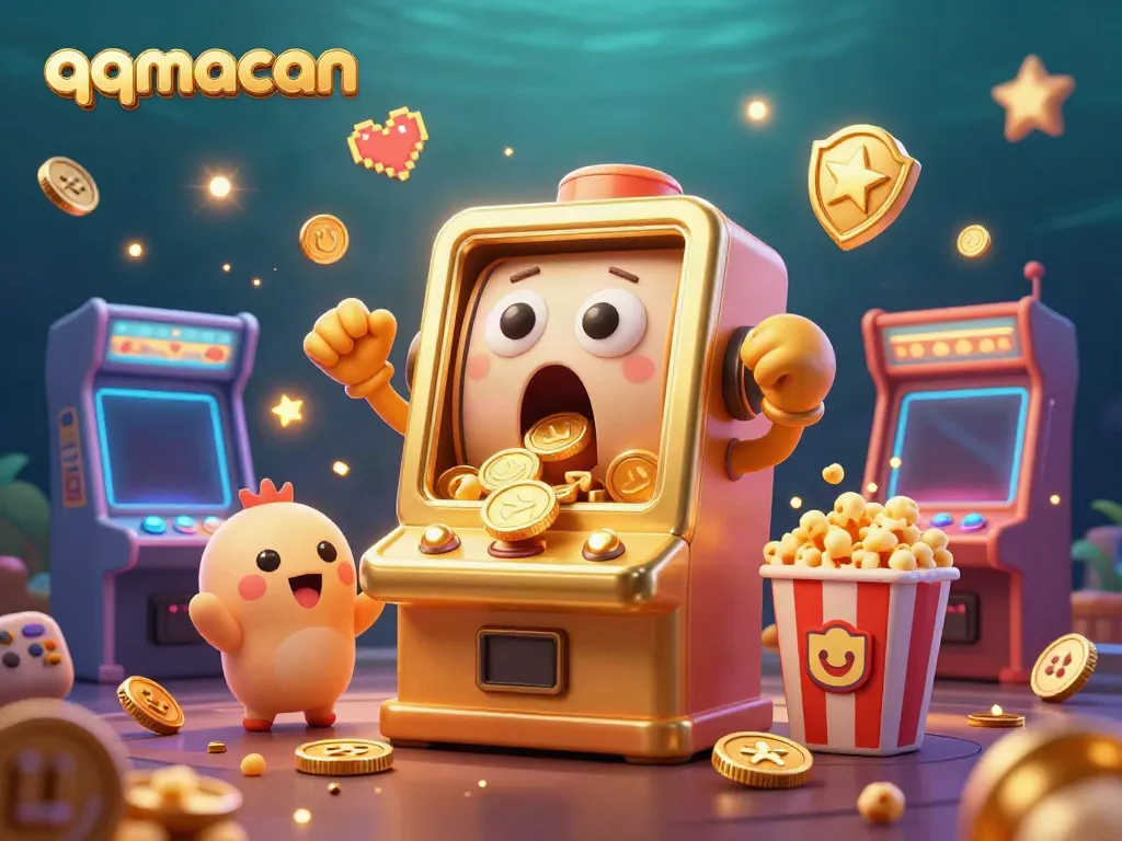 Watch the qqmacan slot machine hit a jackpot while coins overflow, surrounded by cheering machines.