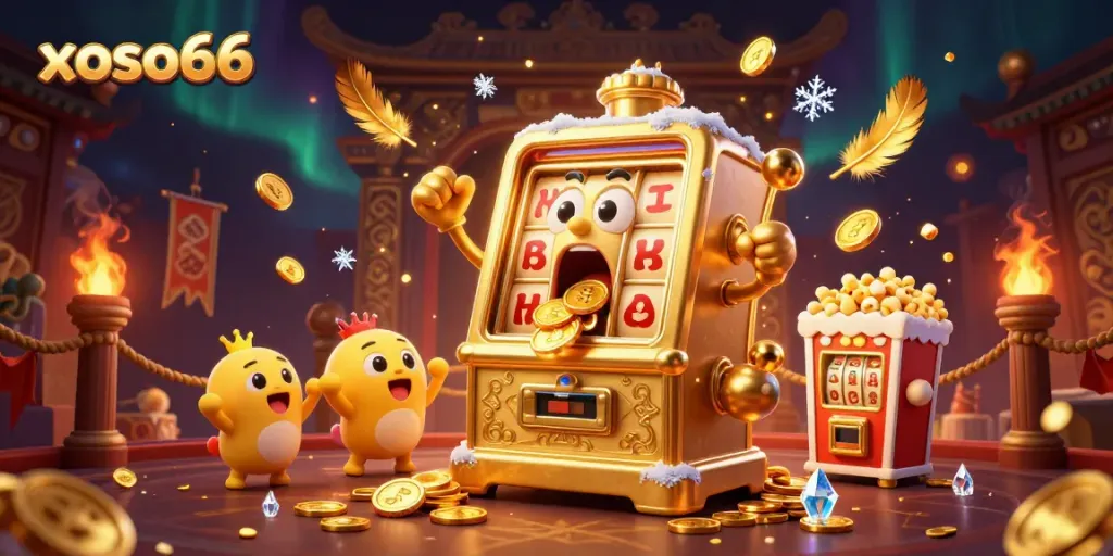 xoso66 jackpot celebration with cartoon slot machines and gold coins in a vibrant casino scene.