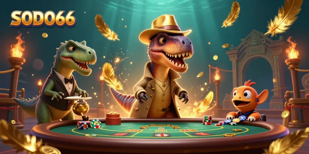 SODO66 offers a dynamic casino scene featuring a velociraptor card counter, a stegosaurus pit boss, and a sneakily observing compy, immersed in an exhilarating blackjack game.