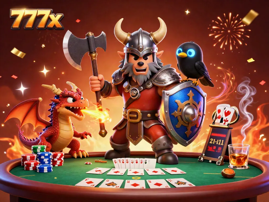Experience exciting poker action with a Viking warrior and dragon in this 777x-themed illustration.