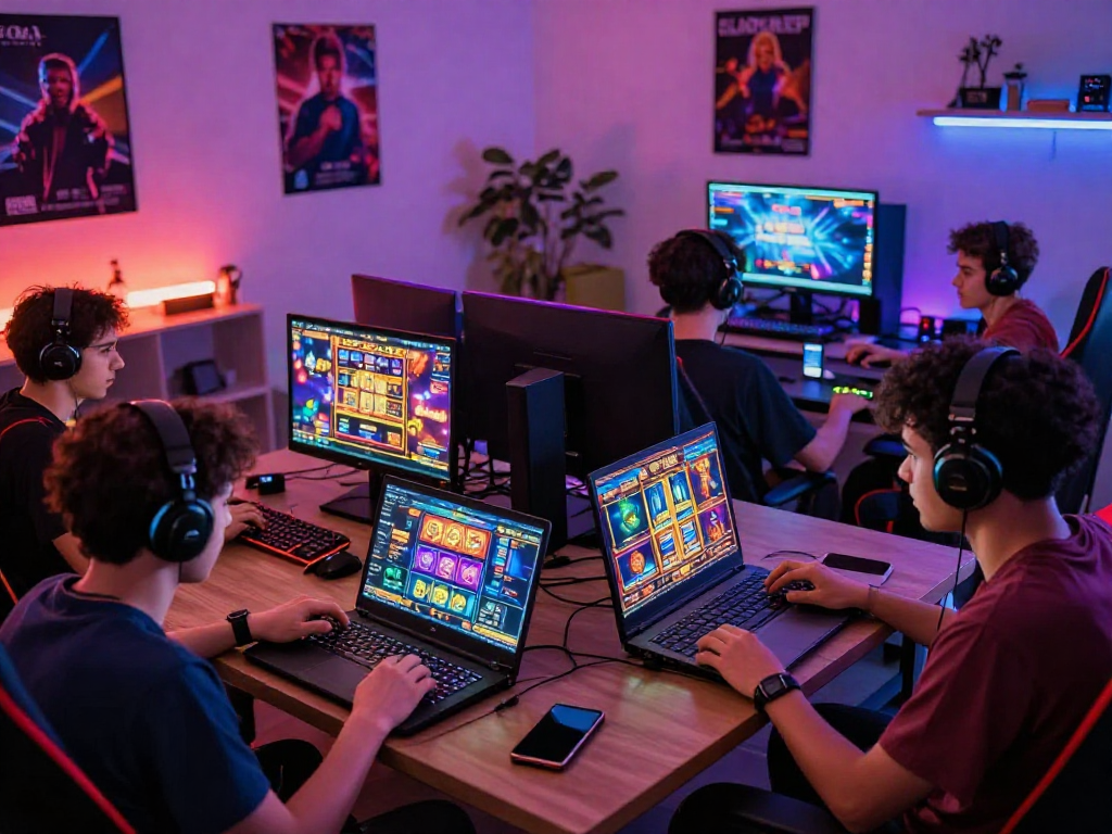 Sejumlah pemain sedang menikmati situs slot gacor di rumah dengan suasana yang ceria dan penuh warna.