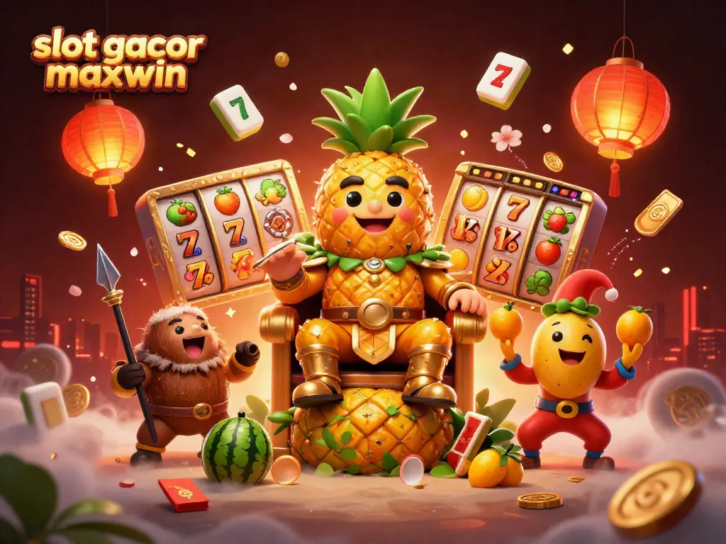 Permainan slot gacor maxwin dengan raja nanas kartun dan elemen kasino yang menarik.