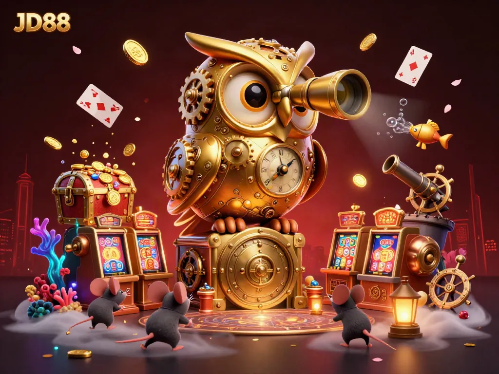 Engage with JD88's thrilling online casino experience, featuring an owl surveying a vibrant gaming landscape.