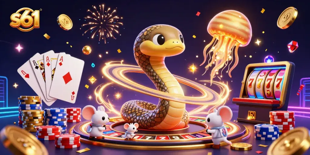 S61 platform showcasing astronauts gambling on a cosmic roulette scene with vibrant slot elements and dazzling visuals.