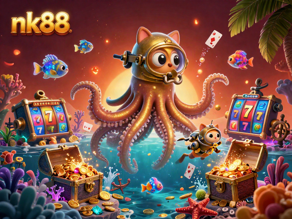 Experience the thrill of nk88 with a kraken, diving cat, and vibrant casino elements.