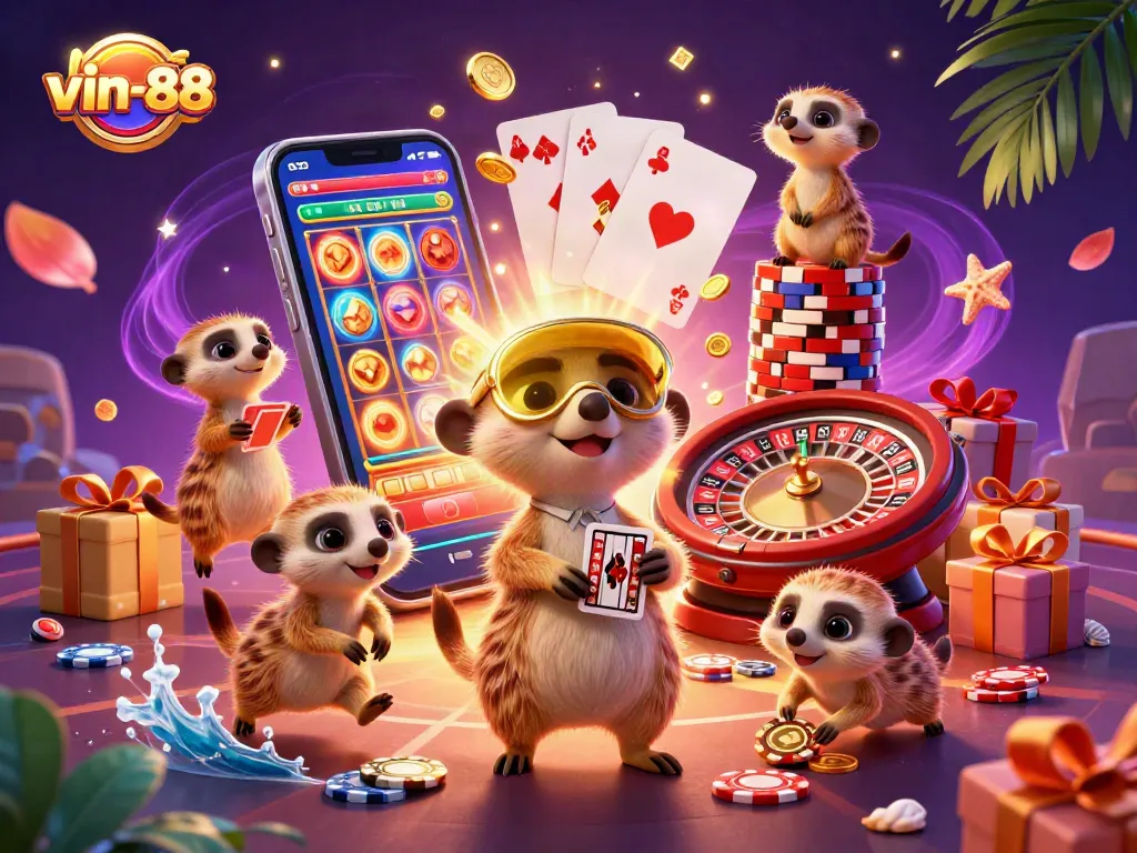 Experience the excitement at vin-88 with playful meerkats managing a vibrant casino scene.