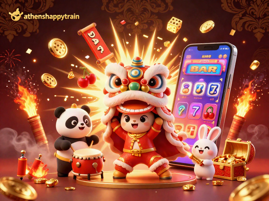 Engage with the athenshappytrain illustration featuring lively characters amid a jackpot explosion and colorful game symbols.