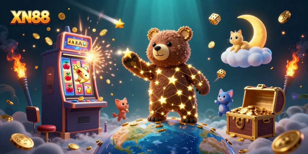 Experience the magic of winning with XN88 in a vibrant casino-themed illustration full of excitement.