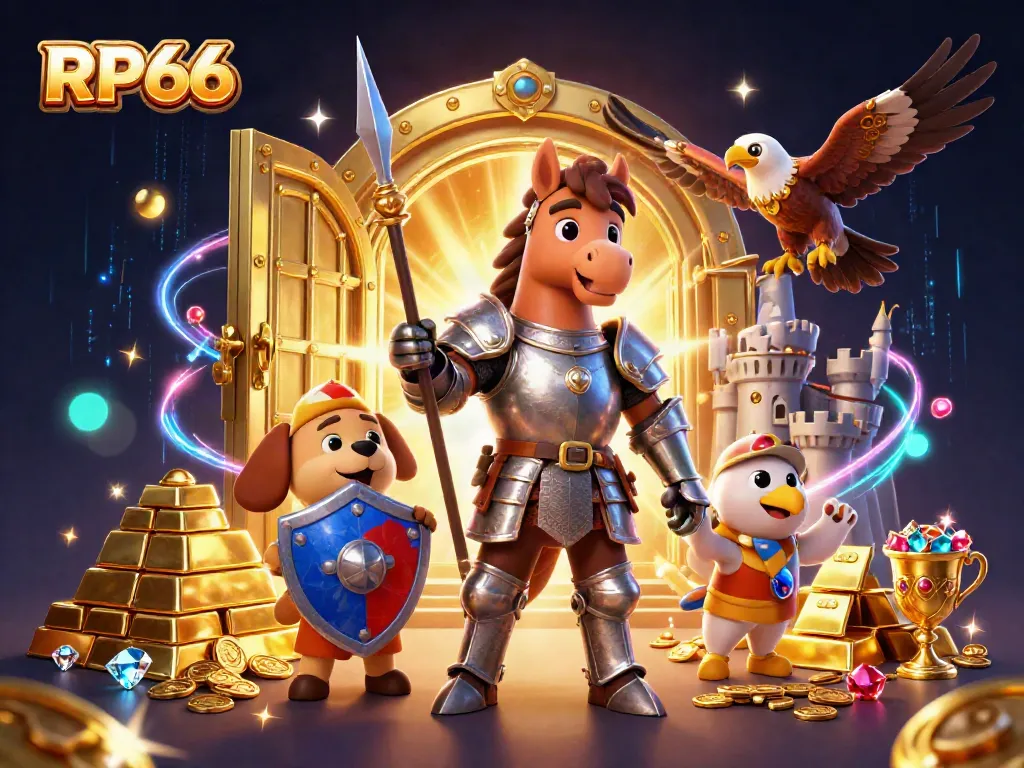Engage in the thrilling world of RP66 featuring a knight, squire, and falcon amidst a treasure-laden casino scene.