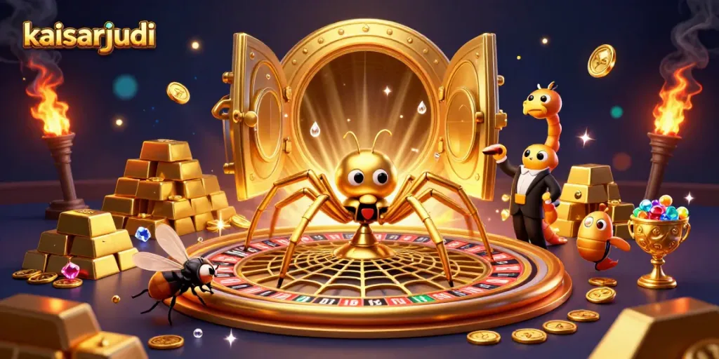 Kaisarjudi spins enticing bets with a mesmerizing 3D roulette web crafted by a golden spider and a centipede croupier.