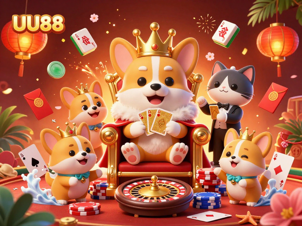UU88 enriches your gaming experience with a dynamic scene featuring royal corgis at a poker throne.