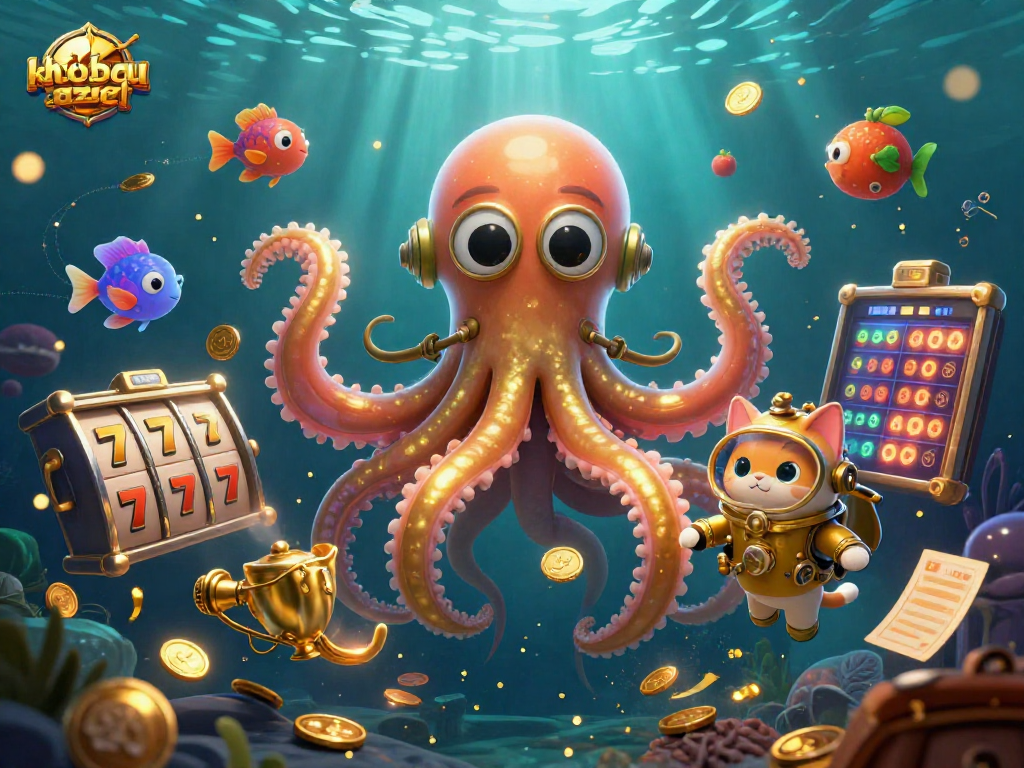 Experience the khobau-aztec thrills with a kraken emerging from treasure, showcasing vibrant slot reels.