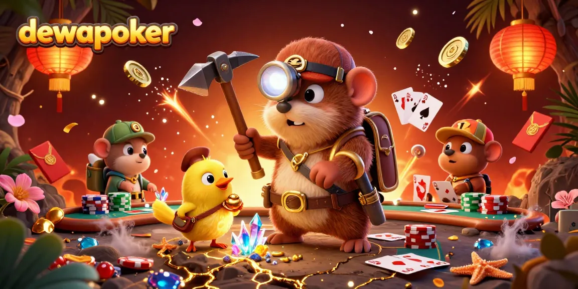 Dewapoker players enjoying lively poker games with a treasure hunting motif and vibrant decorations.