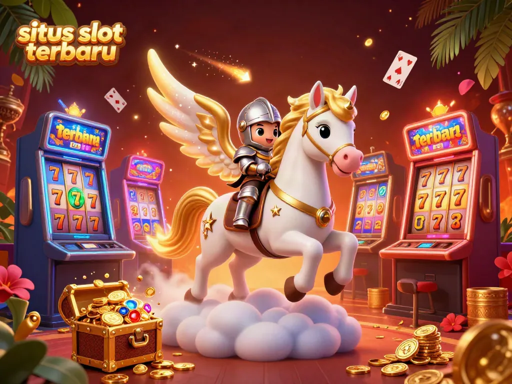 Visualisasi menarik dari situs slot terbaru dengan mesin slot berwarna cerah dan pahlawan berkuda.