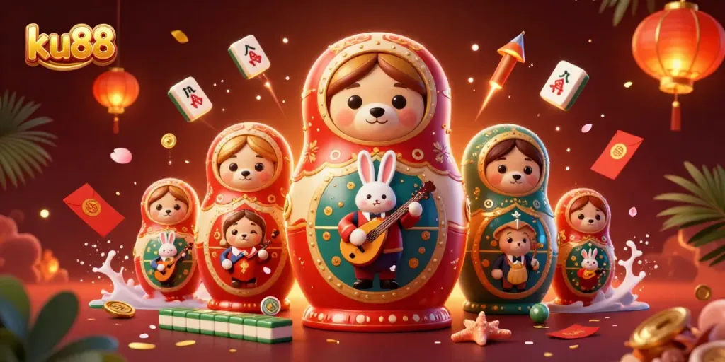 Experience the thrill of ku88 with cartoon dealers and festive casino elements in a vivid illustration.