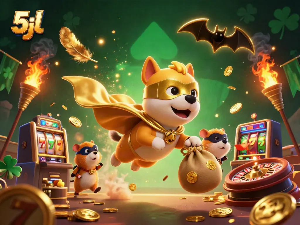 Engage in thrilling gambling with 5jl, featuring a superhero dog collecting gold coins amidst dynamic casino elements.