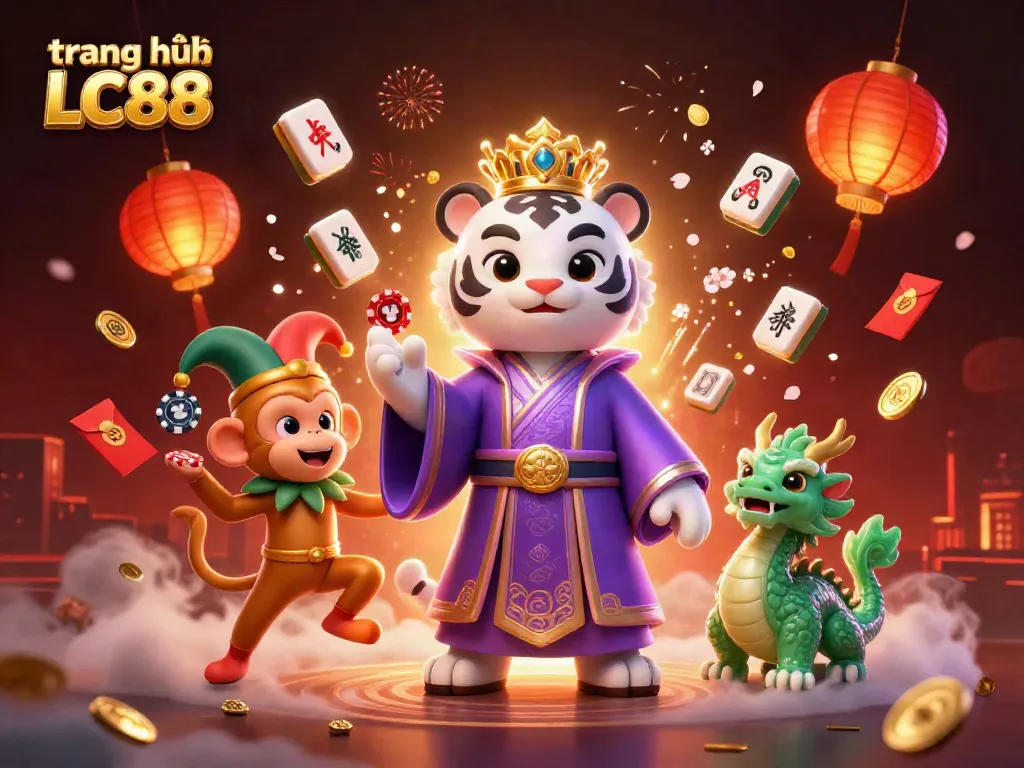 Experience the vibrant atmosphere of trang chủ LC88 with a lively illustration featuring a white tiger and gaming elements.