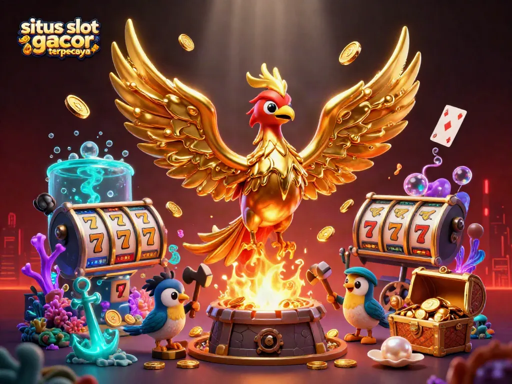Experience thrilling wins on situs slot gacor terpercaya with a golden phoenix surrounded by dynamic slot elements.