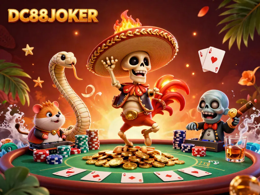 Experience the excitement of DC88JOKER with a vibrant casino scene featuring skeletons and poker action.