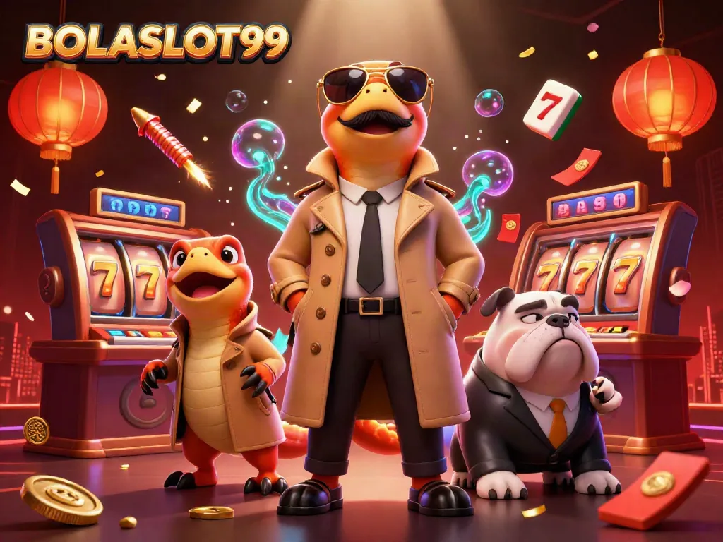 Experience the excitement of BOLASLOT99 with cartoon characters attempting to enter a VIP casino, surrounded by vibrant gambling elements.