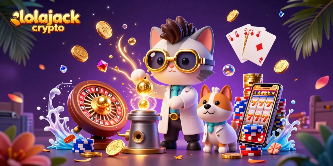 Engage with lolajack crypto in a vibrant 3D casino scene featuring a mad scientist cat and golden elements.