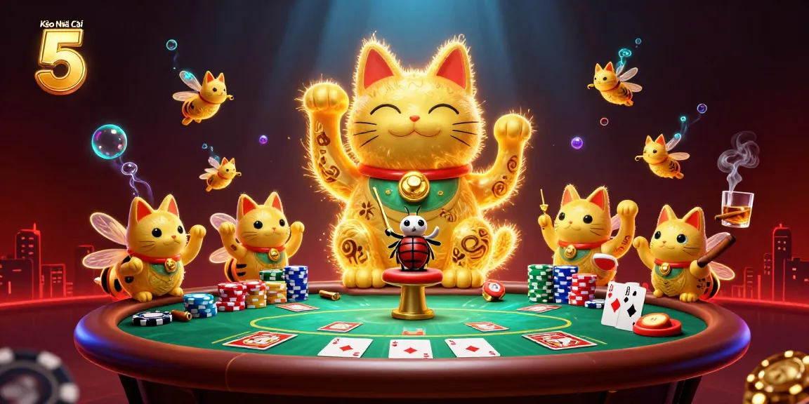 Kèo Nhà Cái 5 showcases a vibrant casino scene with a lucky cat and poker elements.