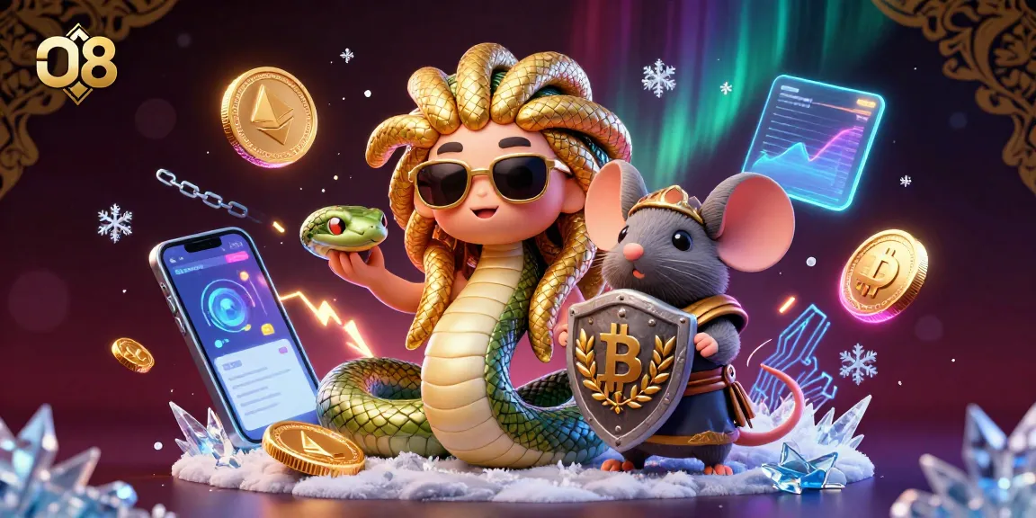 Experience thrilling action at O8 with a vibrant illustration featuring Medusa and a warrior mouse amidst crypto elements.