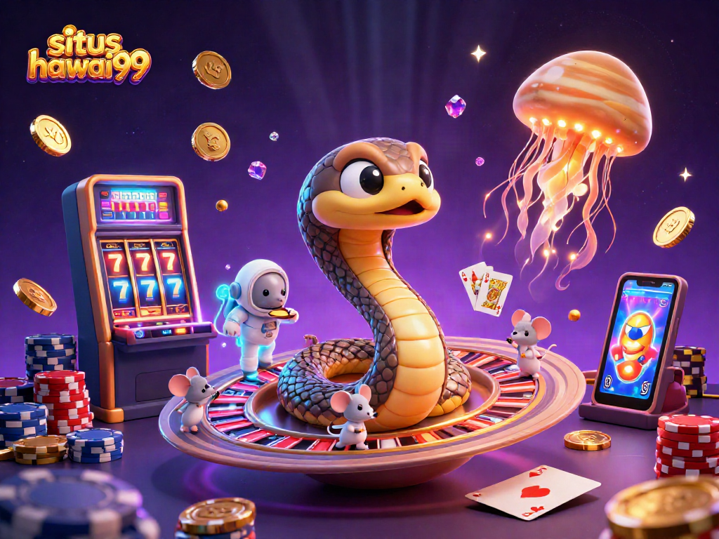 Engage with the vibrant universe of situs hawai99 featuring a dynamic 3D casino scene with colorful characters and elements.