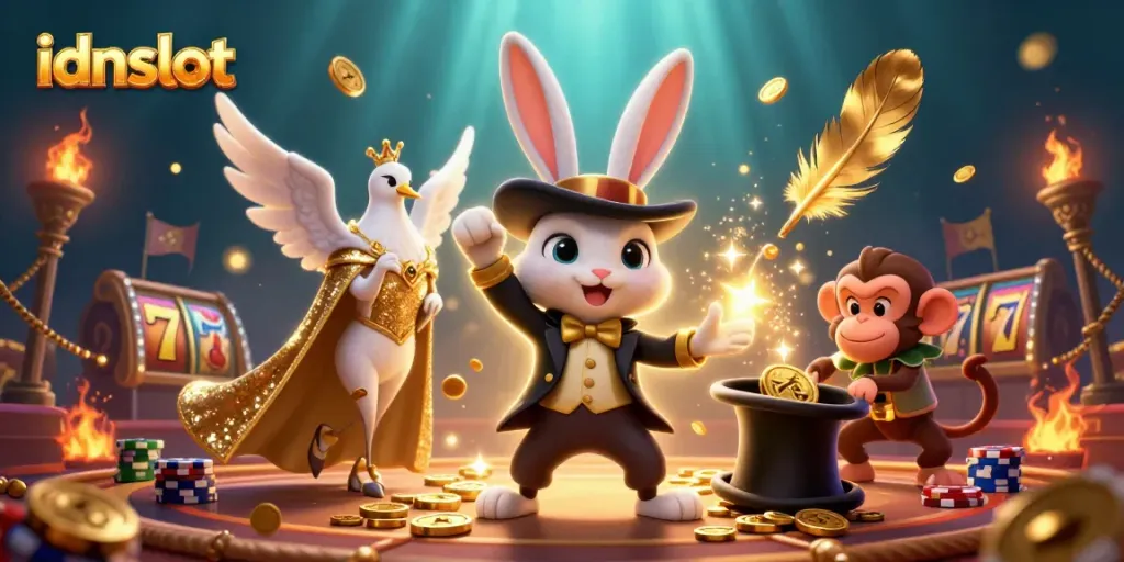 Engage with idnslot's vibrant new gaming universe featuring a magical rabbit, dove, and playful monkey.