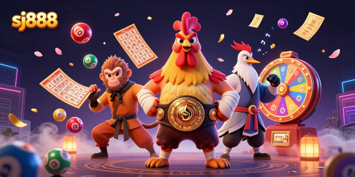Engage with sj888's vibrant lottery scene featuring colorful bouncing balls and wise characters.