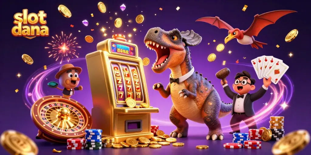 Slot dana menampilkan pemenang jackpot dengan kombinasi simbol berkilau dan koin keemasan yang berlimpah.