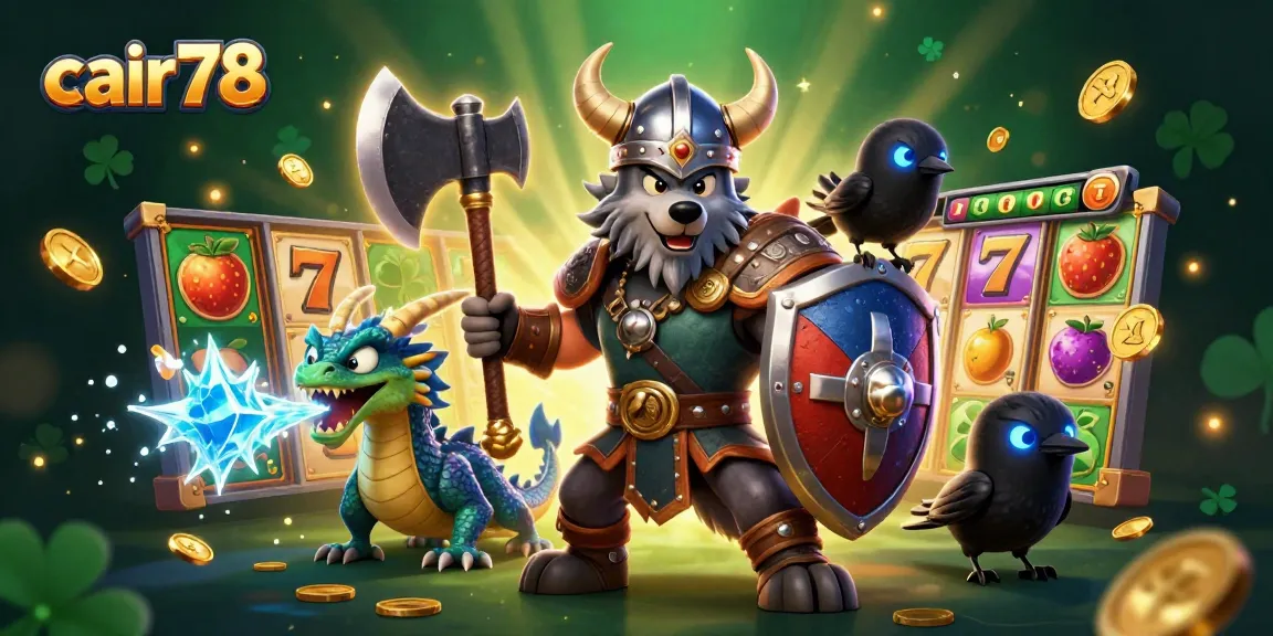Gambarlah cair78 dengan Viking, naga, dan burung gagak, merayakan kemenangan jackpot slot dengan elemen berkilau.