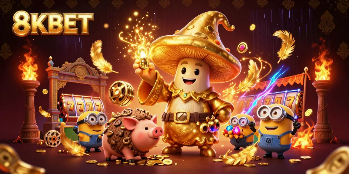 Experience thrilling magic and treasure at 8KBET's vibrant casino scene with golden wizards, coins, and energy.