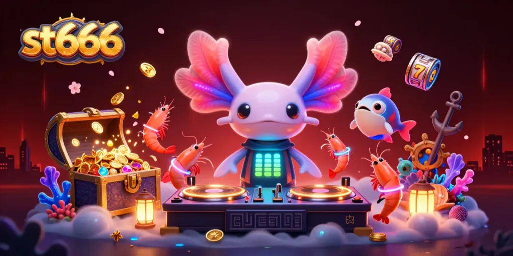Experience thrilling slots at st666 with neon axolotl DJ and vibrant underwater scene.