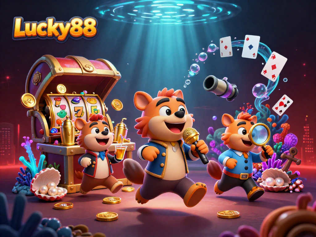 Experience the excitement of Lucky88 casino with a vibrant scene featuring animated hyenas and dynamic gaming elements.