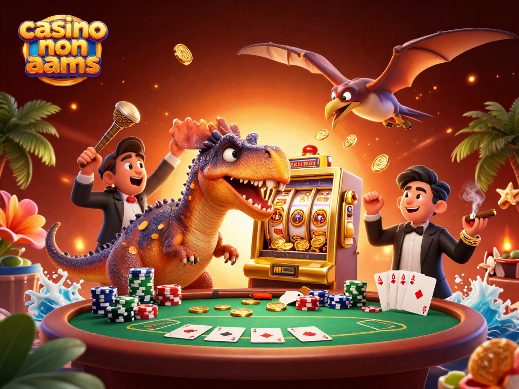 Scena dinamica di casino non AAMS con dinosauri, giochi e vincite in oro evidenziando vincite epiche.