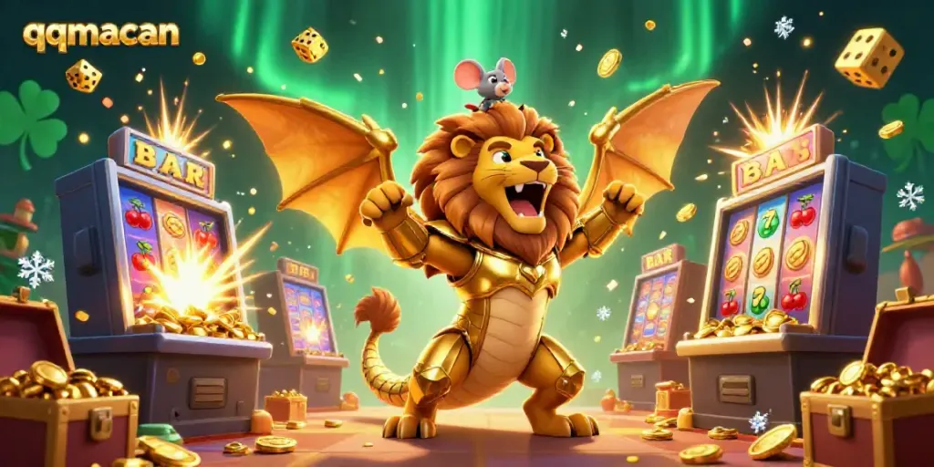 Experience the excitement of qqmacan with a vibrant casino scene filled with jackpots and 3D characters.